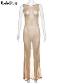 Vestido transparente con diseño de gato extraño para mujer, vestido fino sin mangas con purpurina y abertura, ropa para discoteca con espalda descubierta, Vestidos sexys para playa 2024 - Pago - Ver 7