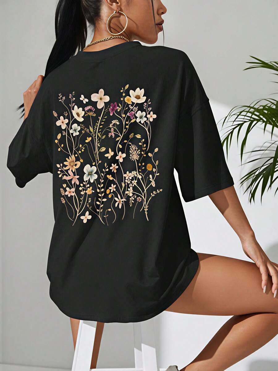 Beautiful Floral Pattern Print Cotton Women's T-Shirts Casual Breathable Soft Short Sleeve Tops Loose Comfortable Street 61501 - Black - View 1