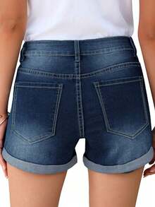 Casual Women's Distressed Denim Shorts Button Closure Straight Leg Non-Stretch Fabric - Blue - View 2