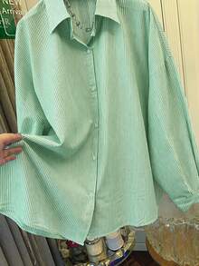 Women's Blue & White Striped Shirt, Loose Fit, Tie Back Design, Suitable For Commuting, Casual Wear, Beach, Vacation - Green - View 5