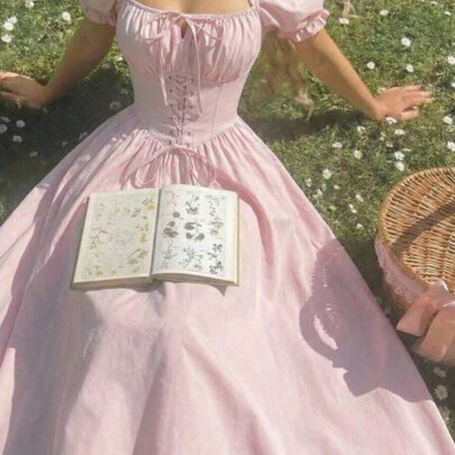 yonghongmaoyi1 MOD Vestido de cuello cuadrado con mangas de pétalo y lazo en la cintura en color rosa - Rosa - Ver 1