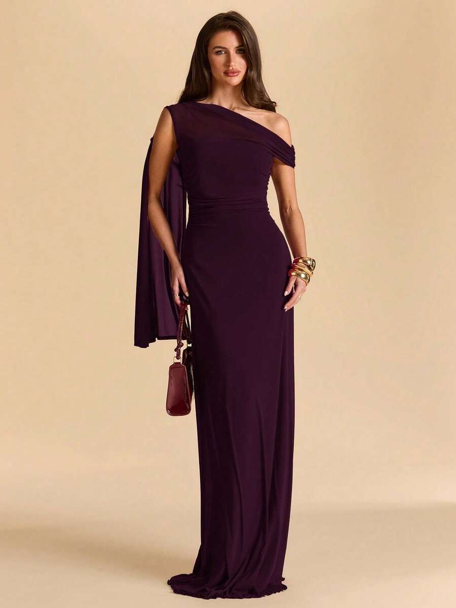 xheSHEIN Vestido de sirena ajustado con cuello asimétrico y drapeado asimétrico en color morado berenjena rosa, vestido de malla para vacaciones y playa, primavera/veranoxhe - Granada - Ver 1