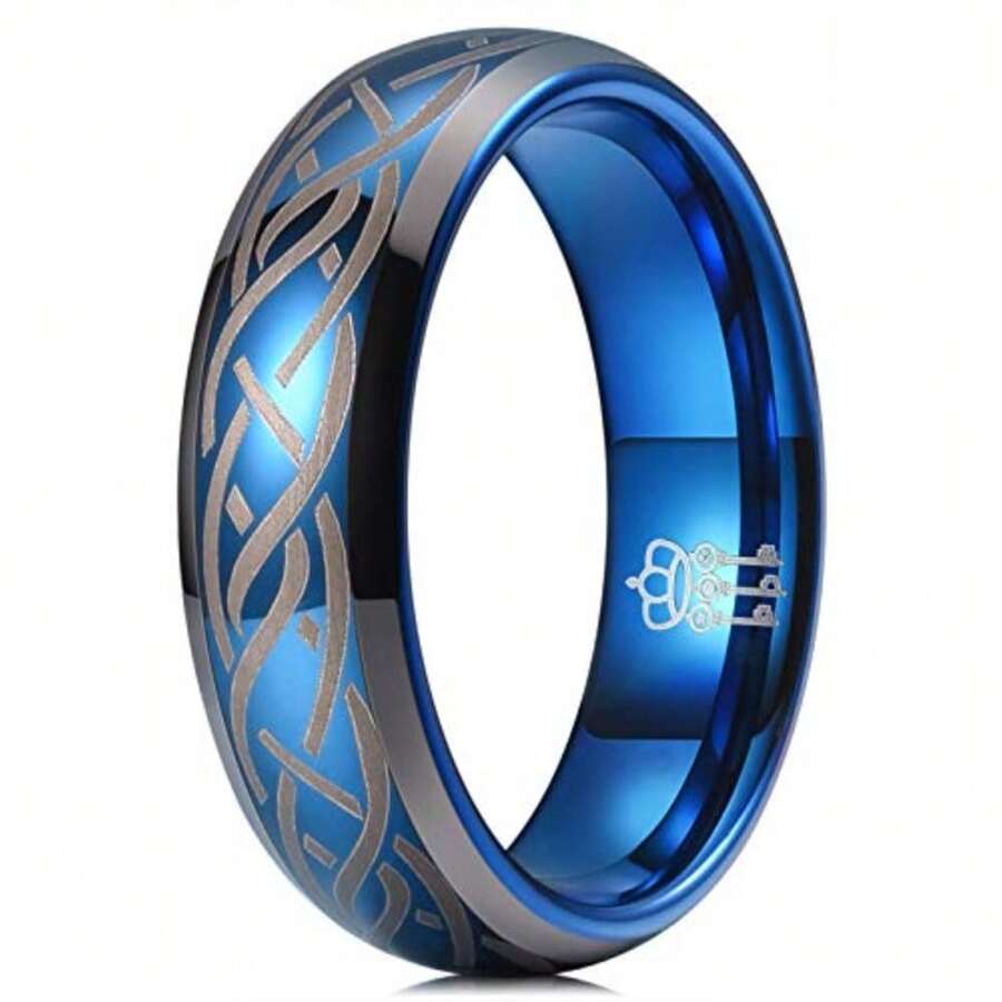 Three Keys Jewelry anillo de boda de tungsteno para hombre,,argolla de compromiso azul, con nudo celta en láser - Azul-B - Ver 1