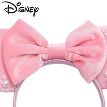 Disney Pink Velvet Minnie Mouse Headband With Pearl Decor Bow, Theme Park Photo Accessory, Birthday Gift - View 6