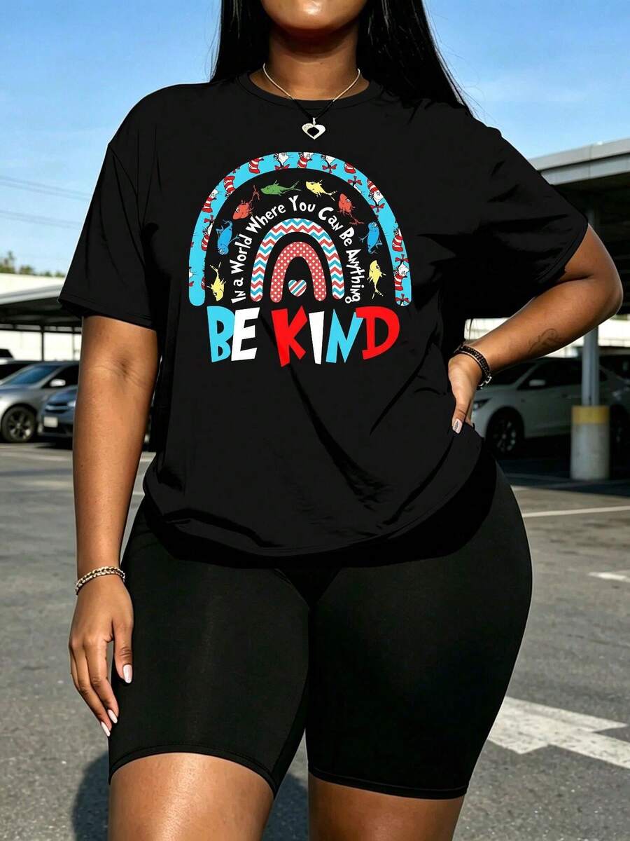 [Plus Size Women Clothes]Plus Size 2Pcs Set Women's Read Across America Printed Outfit, Crew Neck Short Sleeve T-Shirt And Biker Shorts Set, Casual Summer Daily Wearcurve Two Piece Set,Summer Outfits For Women,Short Sets For Women,Two Piece Set Women Plus Size - 黑色 - 查看 1