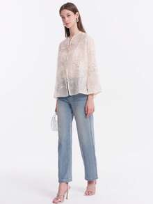 Rich Radi Q's Elegante cárdigan de punto de manga larga estilo chino blanco para mujer con exquisito bordado y cuello alto, ajuste regular - Blanco - Ver 3