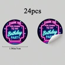 24/48 pièces Autocollants d'anniversaire néon, Autocollants de remerciement avec bordure néon rose & bleu, avec étoiles et texte "Merci d'être venu à ma fête d'anniversaire, s'il vous plaît donnez-moi un cadeau", Convient pour les fournitures de bureau/autocollants de papeterie/autocollants de graffiti/fournitures scolaires - rond - Voir 10