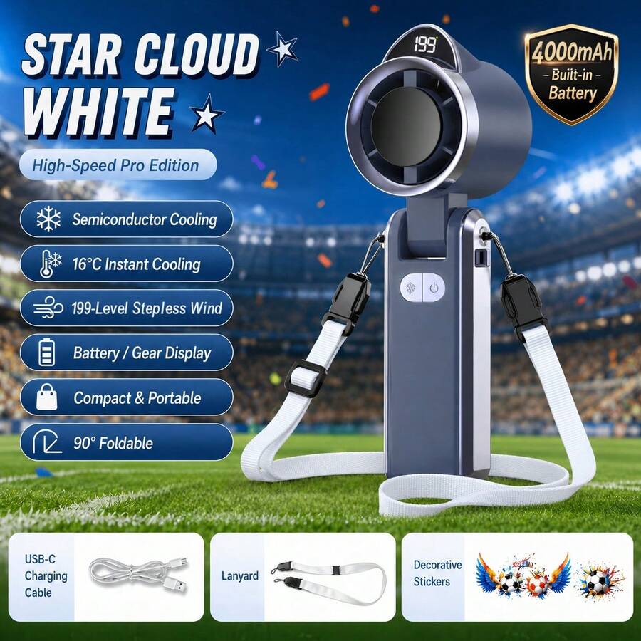 Mini Handlüfter mit intelligenter Digitalanzeige, 199 stufenlos einstellbare Windstufen, 4000-mAh-Großakku mit bis zu 20 Stunden Laufzeit, USB-Aufladung, portabler Turbo-Kühlventilator für Outdoor und Alltag - Blau - Übersicht 1