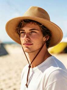 Men's Summer Straw Sun Hat Wide Brim Panama Straw Hat Beach Hat With Windproof Rope - Straw Hat - View 7