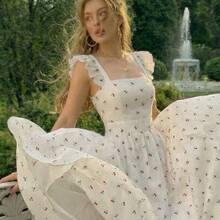 jianchaimaoyi02  MOD Vestido con espalda abierta, mangas con volantes, bordado con diseño de cerezas blancas y rojas, falda acampanada con pliegues y lazo - Estilo lindo, para citas, fiestas, uso en verano y primavera, vacaciones, picnics, festivales, cumpleaños - Blanco - Ver 9