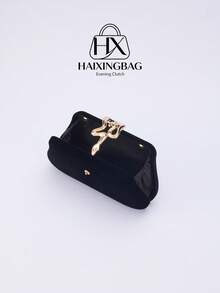 1pc Velvet Box Elegant Clutch Bag, Shiny Metal Decor Evening Bag, Suitable For Formal Dress, Party, Wedding Bridal Wallet, Crossbody - Black - View 6