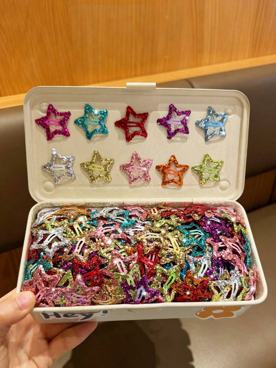 50入可愛彩色亮片星星髮夾,馬卡龍色BB夾,3D星星設計,強力抓髮不傷髮,適合盤髮與披肩髮,日常配戴、表演與拍照造型的多功能髮飾 - 橘色 - 查看 1