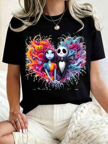 Disney Women Round Neck T Shirt Jack Skellington And Sally Heart Design Halloween Costume Party 220g - 黑色 - 查看 1