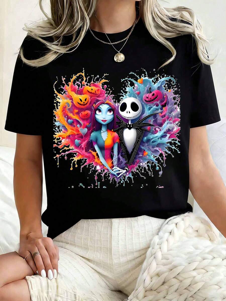 Disney Women Round Neck T Shirt Jack Skellington And Sally Heart Design Halloween Costume Party 220g - 黑色 - 查看 1