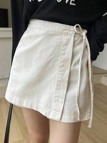 Women's Wrap-Style Denim Culottes - White - View 1