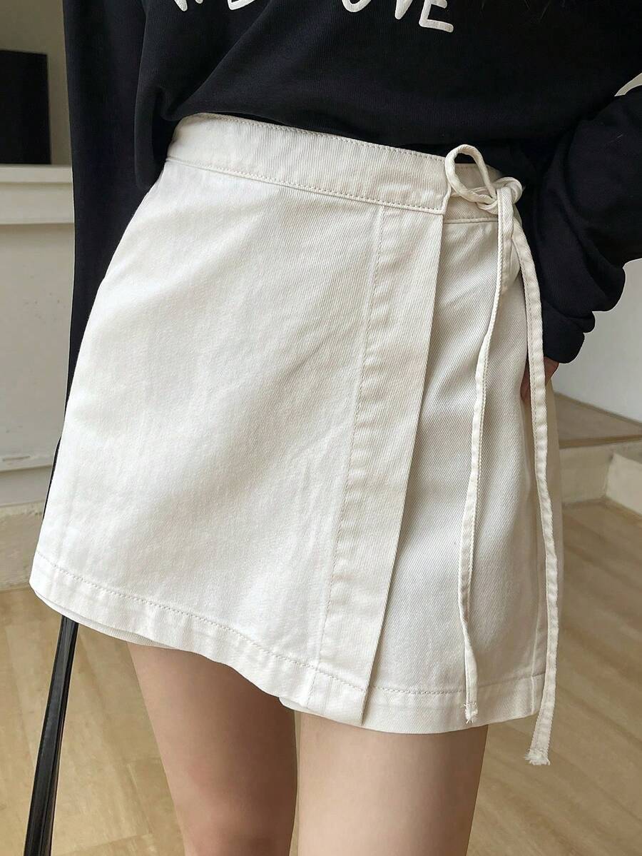 Women's Wrap-Style Denim Culottes - White - View 1