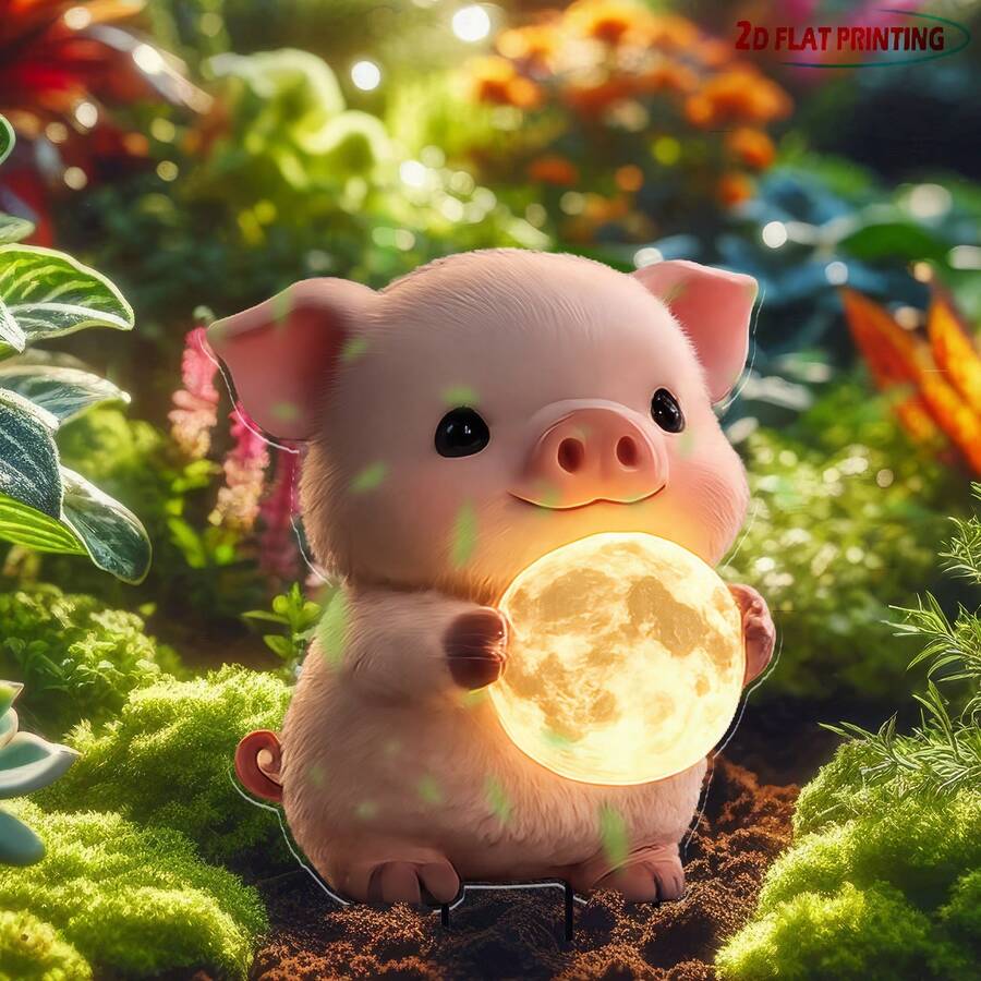 Acrylic Cute Animal Garden Yard Stake 2D Flat Printing Piglet Holding Glowing Moon Outdoor Decor Waterproof Lawn Ornament Adorable Baby Pig With Light Ball Patio Pathway Flower Bed Home Art Spring Summer Best Gift For Mom Grandma Women Kids Girls - Piggy - View 1