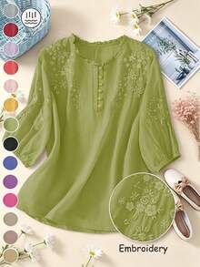 Women's Embroidered Lightweight Loose Retro Casual Midi Shirt, Plus Size, Spring/Summer - Green - View 3