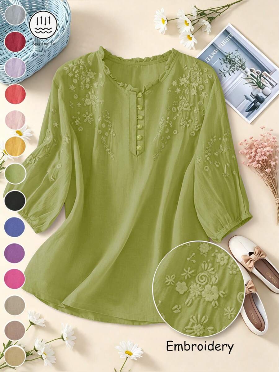 Women's Embroidered Lightweight Loose Retro Casual Midi Shirt, Plus Size, Spring/Summer