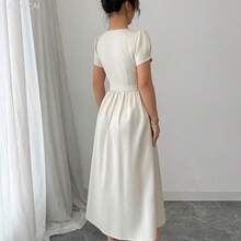 yonghongmaoyi1  Vestido de manga larga de primavera/verano con corte evasé, abertura en la falda, botones y cuello sin cuello con volantes, elegante para el trabajo - Granada - Ver 3