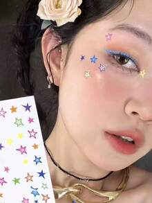 1片/包 臉部星星貼紙，免膠多尺寸彩色五角星組合貼紙，彩虹馬卡龍色調，適用於臉部、眼睛、頸部、美甲，適合甜美酷感/活力妝容，營造活潑氛圍造型 - 彩色 - 查看 3