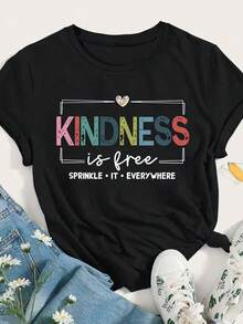 This Women's Summer Fashion T-Shirt Features A Colorful "KINDNESS" Print And A "SPRINK IT EVERYWHERE" Slogan. It Weighs 6.35 Ounces And Is A Women's Crew Neck, Short-Sleeved T-Shirt-A Casual, Slim-Fit Basic Top. - 黑色 - 查看 1
