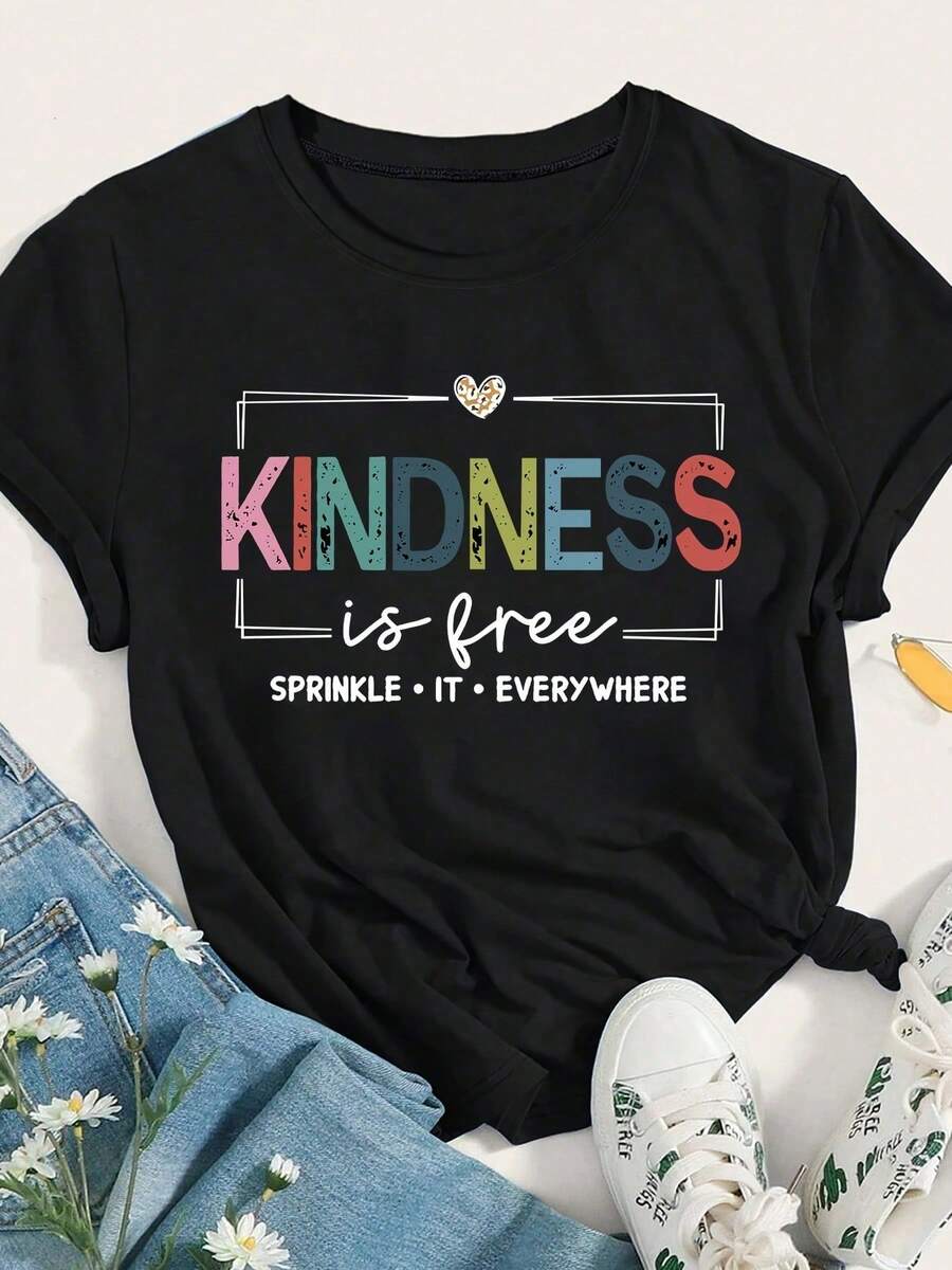 This Women's Summer Fashion T-Shirt Features A Colorful "KINDNESS" Print And A "SPRINK IT EVERYWHERE" Slogan. It Weighs 6.35 Ounces And Is A Women's Crew Neck, Short-Sleeved T-Shirt-A Casual, Slim-Fit Basic Top. - 黑色 - 查看 1