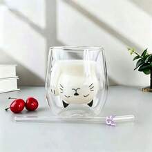可爱招财猫双层玻璃杯，高硼硅耐热高品质家用奶茶咖啡杯。双层高透玻璃质感，简约精致，黑白对比高端耐用，适用于咖啡、奶茶、水果茶、温水、早餐、办公等场合。时尚实用。 - 雙層玻璃杯 - 查看 2