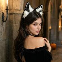 Red Black Furry Cat Ears Headband With Spikes  Heart Rings, Punk Fox Costume Accessory For Halloween Party Cosplay - 黑白 - 查看 5
