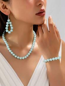 1 Set European & American Style Light Blue High-Gloss Faux Pearl Jewelry Set Necklace Earrings Elastic Bracelet Summer Limited Edition Pearlescent Texture Daily Commute Date - Baby Blue - View 6