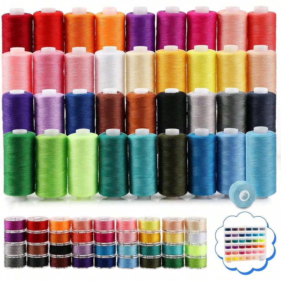 Set Filo per Cucire Poliestere 400 Iarde, 32 Colori con 32 Bobine Abbinati, Compatibile con Macchine da Cucire e Cucito a Mano, per Fai da Te Principianti Riparazioni Abbigliamento - 72 pezzi - Visualizzare 1