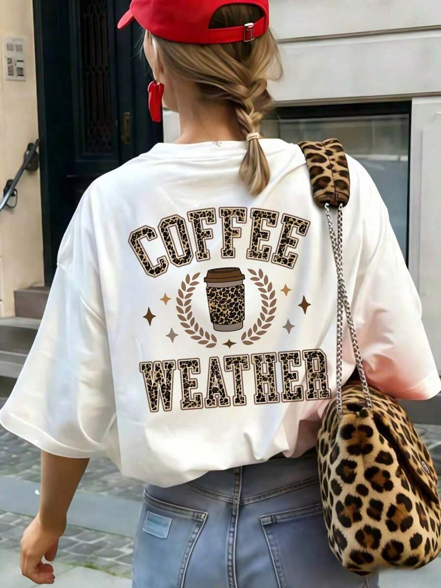 Short-Sleeved T-Shirt With Vintage Leopard Print And Coffee Letter Pattern, American Retro Style, Loose And Relaxed Fit, Round Neck, Versatile Top For Women, White Summer Tops. - White - View 1
