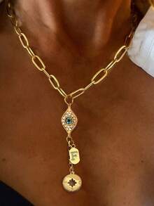 1pc Gold Initial Necklace, Luxury Letter Pendant Chain With Evil Eye, Exquisite Holiday Party Gift For Women - Yellow Gold - View 6