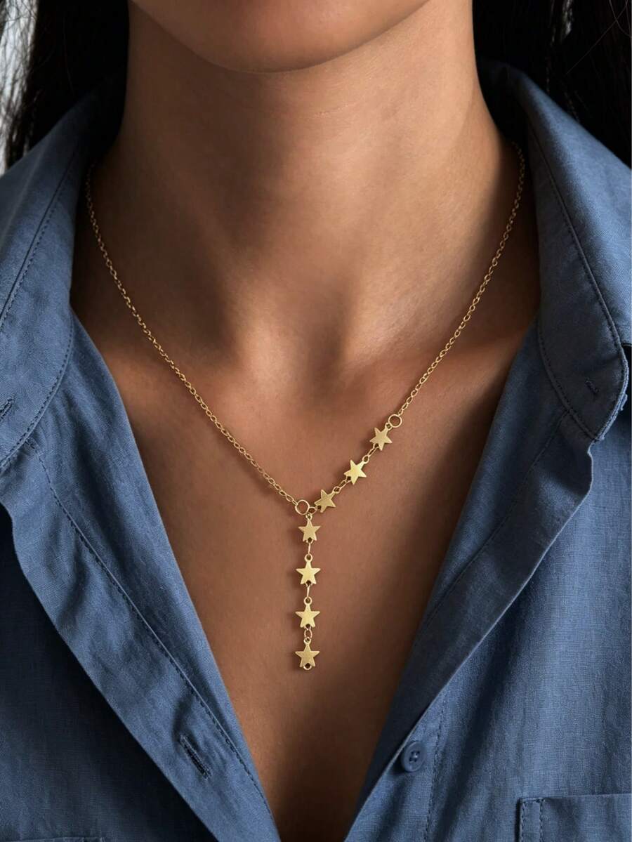 1pc Minimalist Design Delicate Heart & Star Y-Shaped Necklace, For Women - Gold - View 1