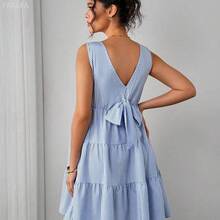 xuehuamaoyi02 Momance Vestido de maternidad elegante con lazo, escote en V y estampado de rayas - Azul - Ver 3