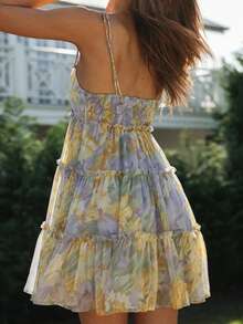 Vacation Style Ruffle Hem Sexy Cami Dress - Yellow - View 6