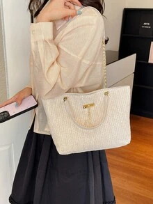2026新款草編度假風大容量女款單肩手提包，適合學生、通勤與海灘使用 - 米色 - 查看 6