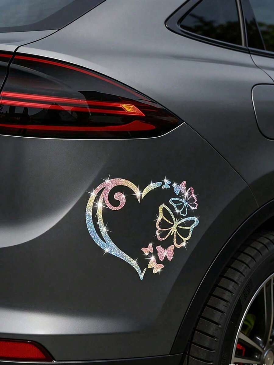 1件心形蝴蝶汽車貼紙，亮面蝴蝶心形窗玻璃裝飾貼紙，後車身裝飾貼紙，卡通貼紙適用於筆記型電腦、摩托車貼紙