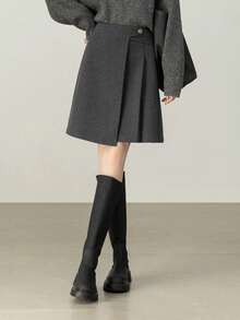 Elegant Gray A-Line Skirt, Wool Blend Pleated Long Skirt For Women Spring - Grey - View 2