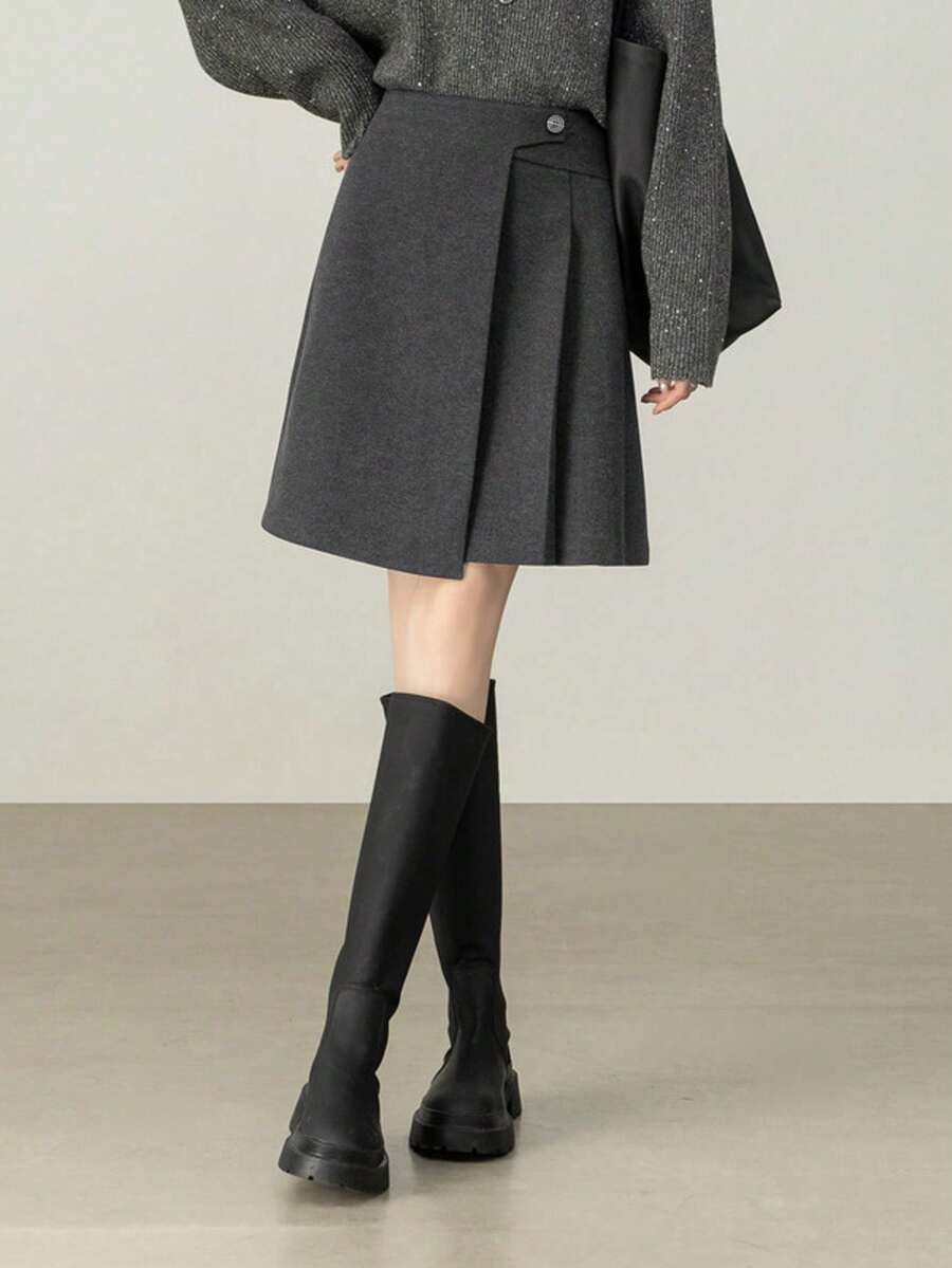 Elegant Gray A-Line Skirt, Wool Blend Pleated Long Skirt For Women Spring