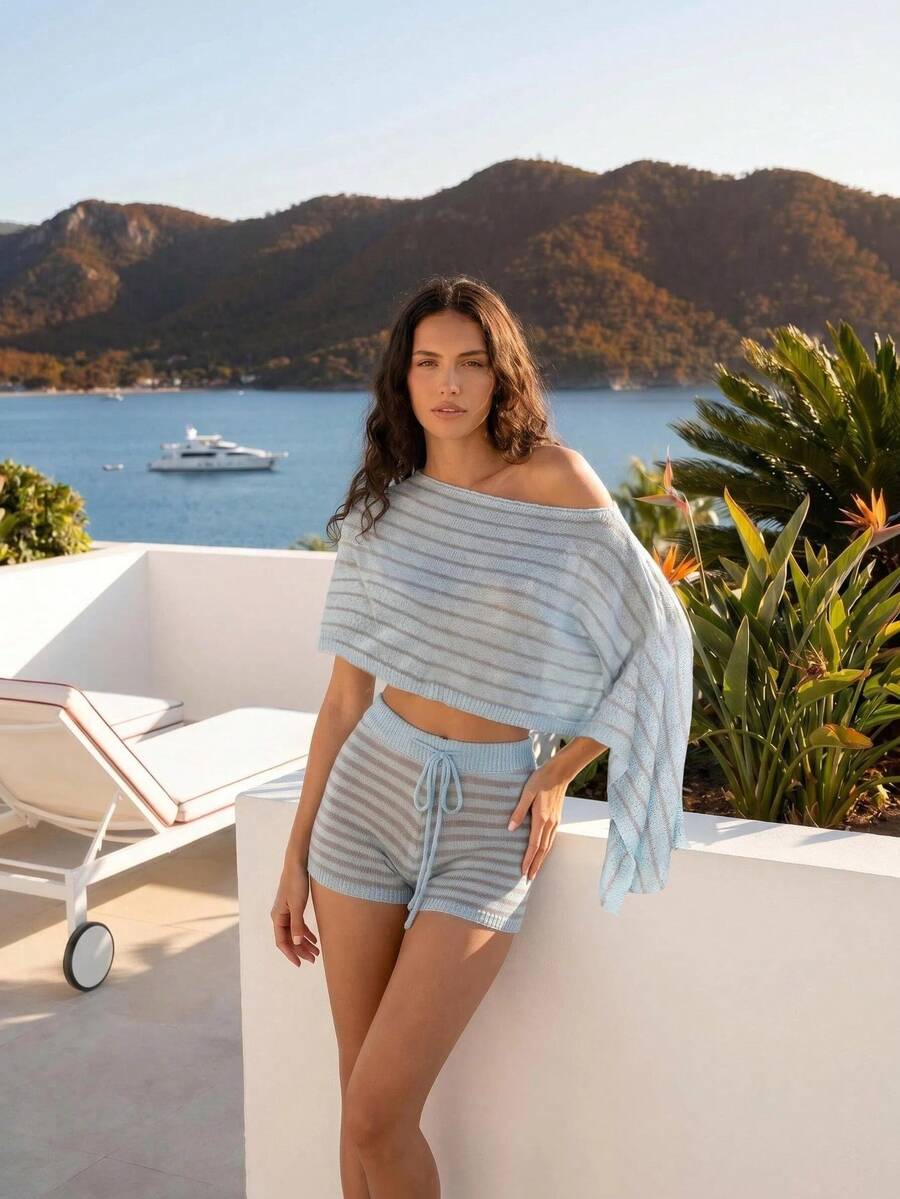 Conjunto de suéter corto semi-transparente a rayas y shorts con cordón para mujer, ligero y elegante, para verano - Multicolor - Ver 1