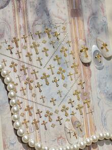 Adesivi per unghie 5D in rilievo lussuosi con croce e catena, glitter dorati, stile religioso, Dark Academia/Barocco vintage/Moda subculturale, decalcomanie autoadesive per unghie, arte di unghie fai-da-te per uso quotidiano, feste, salone di bellezza, 1 foglio - Dorato - Visualizzare 5