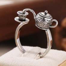 Desain Teko dan Cangkir Teh Klasik yang Lucu, dengan Cincin Tembaga, Perhiasan Buatan Tangan Kreatif, Cocok untuk Pesta dan Pertemuan, Hadiah Ideal untuk Wanita - Antique Silver - View 3