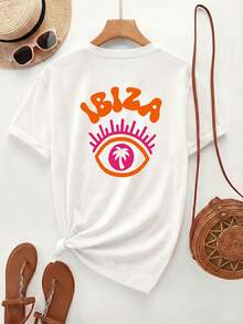 Women's 100% Cotton T-Shirts 2026 [Double-Sided Print] Casual Spring Summer Women's T-Shirt, Round Neck, Short Sleeve, Orange "IBIZA" Lettering With Y2K Eye Pattern - 白色 - 查看 2