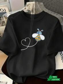 Camisa casual de vacaciones para mujer con estampado de letras y anime a la moda, camiseta de cuello redondo para mujer con diseño sencillo, cómoda y transpirable, elegante y versátil, adecuada para deportes y ocio, un imprescindible de verano, enviada localmente. Camiseta de mezclilla Bee de talla grande, adecuada para salidas, uso urbano y cotidiano. - Blanco - Ver 8
