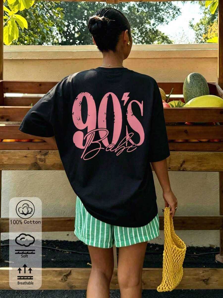 T-Shirt Oversize Vintage Con Stampa Grafica Degli Anni '90, 100% Cotone, Morbida E Traspirante, A Maniche Corte, Casual Da Spiaggia, Abbigliamento Sportivo Alla Moda Per Donna, P - 黑色 - 查看 1