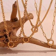 1pc Stainless Steel O-Shape NK Chain Spring Clasp Pendant Necklace, For Women, Suitable For Date, Party, Work - Yellow Gold - View 2