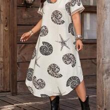 dagjydgfyja Vestido de ocio y vacaciones con dobladillo peplum estampado para mujeres en tallas grandes - Blanco y Negro - Ver 7