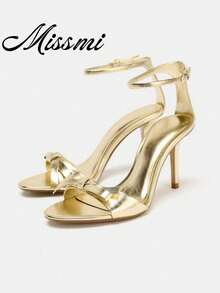 Sandalias de tacón alto con decoración de lazo, elegantes y de moda para atuendos de primavera y verano - Dorado - Ver 1