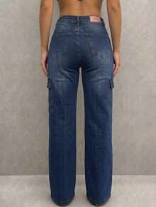 Pantalón De Mezclilla Stretch Mujer Corte Wide Leg Con Quiebre - Azul lavado oscuro - Ver 3